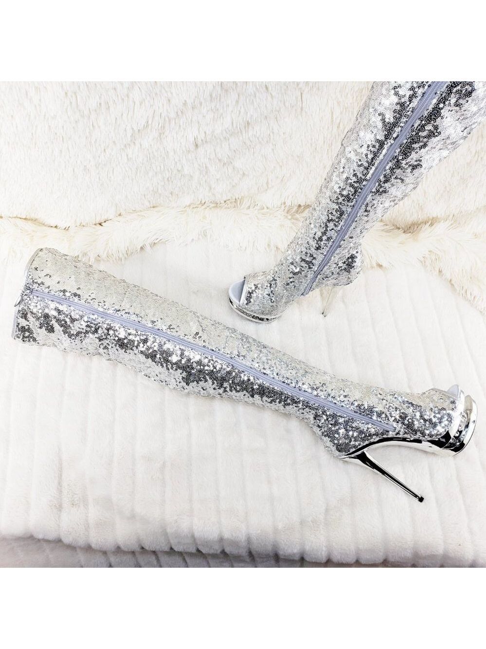 3011 Silver Sequin Open Toe Thigh High Heel Boots Blondie - Picture 8 of 15